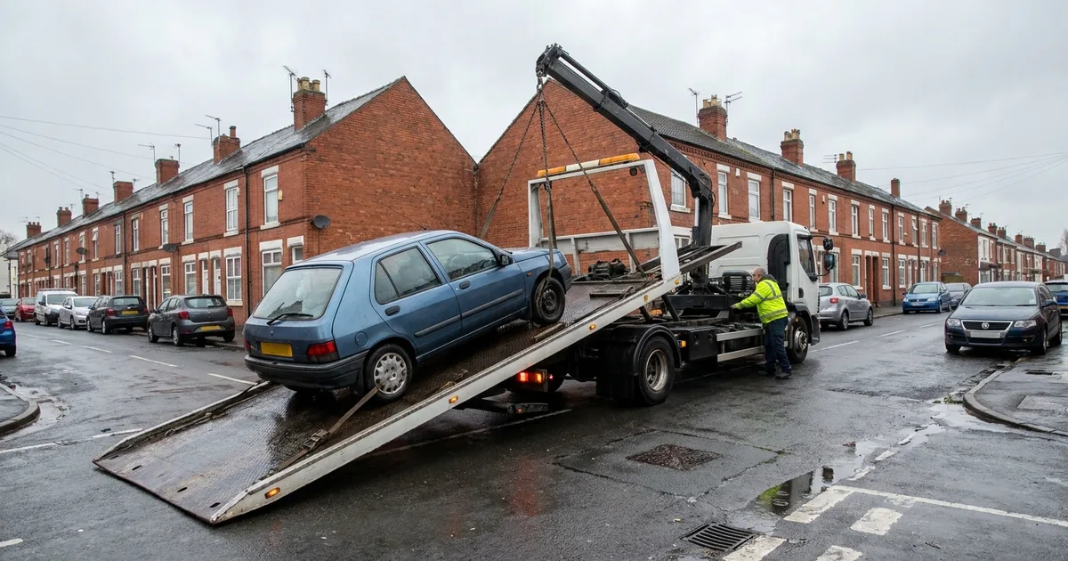 Flatbed recovery truck loading a broken-down car on a red-brick residential street in Dudley, West Midlands
