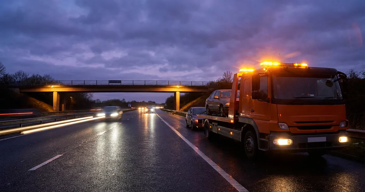 Recovery flatbed tow truck on the M54 motorway near Wolverhampton at dusk with amber hazard lights glowing